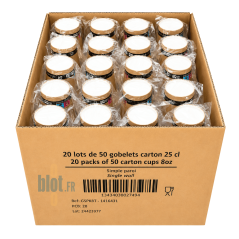 Carton de gobelets carton brun 25 cl contenant 20 lots de 50 pièces rangés