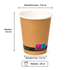 Dimensions du gobelet carton brun 25 cl avec diamètre haut 7,8 cm et hauteur 9,3 cm