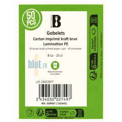 Étiquette du sachet de 50 gobelets carton brun 25 cl 8 oz avec lamination PE