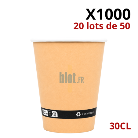 Gobelets carton brun 30 cl vendus par carton de 1000 pièces en 20 lots de 50