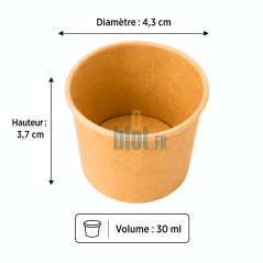 Dimensions du pot à sauce carton 30 ml diamètre 43 mm hauteur 37 mm