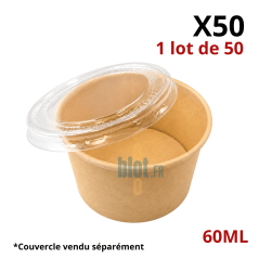 Pot à sauce carton kraft brun 60 ml vendu en sachet de 50 unités avec couvercle PET compatible vendu séparément