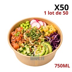 Saladier carton 750 ml kraft marron vendu en sachet de 50 unités pour salades et poke bowls à emporter