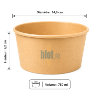 Dimensions du saladier carton kraft 750 ml avec diamètre 148 mm et hauteur 62 mm