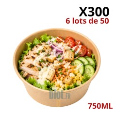 Saladier carton 750 ml kraft marron FSC® vendu par lot de 300, idéal pour salades et vente à emporter