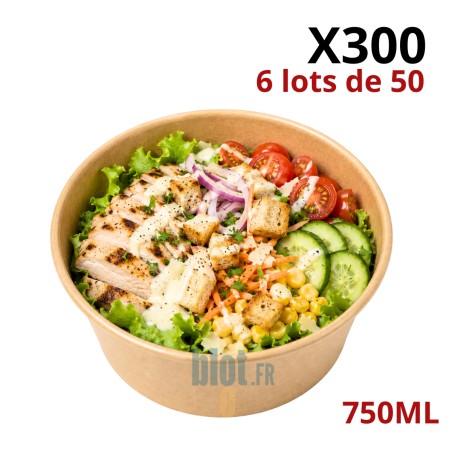 Saladier carton 750 ml kraft marron FSC® vendu par lot de 300, idéal pour salades et vente à emporter