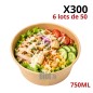 Saladier carton 750 ml kraft marron FSC® vendu par lot de 300, idéal pour salades et vente à emporter