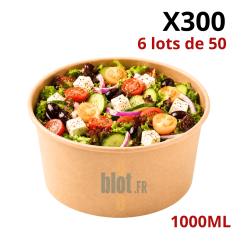 Saladier carton kraft 1000 ml vendu par lot de 300 unités, idéal pour salades composées, poke bowls et repas à emporter.