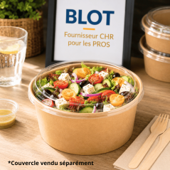 Saladier carton kraft 1000 ml utilisé pour les salades repas, poke bowls et plats préparés à emporter.