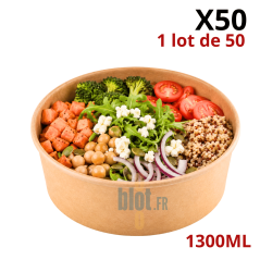 Saladier carton kraft 1300 ml marron vendu en sachet de 50 unités pour salades repas et poke bowls à emporter