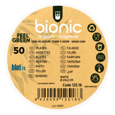 Étiquette Bionic pour assiette blanche en bagasse 23 x 2 cm