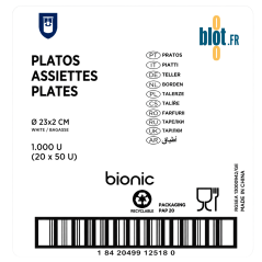 Étiquette carton pour 1 000 assiettes bagasse 23 cm en 20 paquets de 50