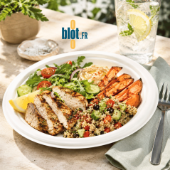 Assiette en bagasse 23 cm avec poulet légumes salade et quinoa