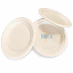 Trois assiettes en bagasse 23 cm présentées sous plusieurs angles