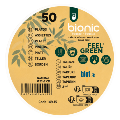 Étiquette Bionic du paquet de 50 assiettes en bagasse naturelle 23 cm