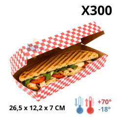 Boîte panini en carton alimentaire rouge et blanc 26,5 x 12,2 x 7 cm avec sandwich chaud pour vente à emporter