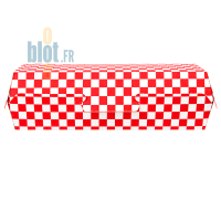 Vue frontale d'une boîte carton panini rouge et blanche résistante aux graisses