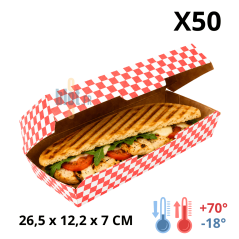 Boîte panini en carton alimentaire rouge et blanc vendue par 50 unités pour sandwiches chauds et vente à emporter