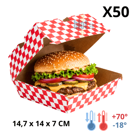 Boîte hamburger carton rouge et kraft FITIPALDI 14,7 x 14 x 7 cm avec burger - emballage alimentaire vente à emporter