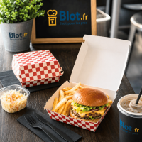 Boîte hamburger rouge Fitipaldi en carton nano-micro avec burger et frites pour vente à emporter