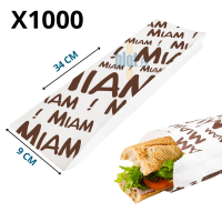 Sac sandwich papier blanc imprimé Miam, format 9 + 6 × 34 cm, conditionné par 1000