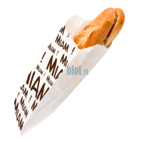 Sac sandwich papier Miam ouvert avec un sandwich baguette, présenté à la verticale