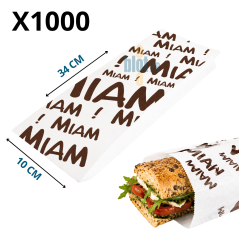 Sac sandwich papier blanc imprimé Miam, dimensions 10 + 6 × 34 cm, vendu par 1000