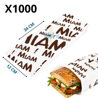 Sac sandwich papier blanc imprimé Miam, format 12 + 6 × 34 cm, conditionné par 1000