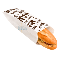 Sandwich baguette glissé dans un emballage papier Miam de 34 cm avec soufflet de 6 cm