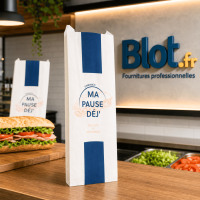 Sac sandwich papier ingraissable Ma Pause Déj présenté sur le comptoir d’un point de vente à emporter