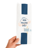 Sac sandwich blanc imprimé Ma Pause Déj avec liserés bleus, présenté de face