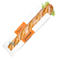 Sandwich baguette présenté dans un sac papier blanc ingraissable avec fenêtre transparente Pause Gourmande
