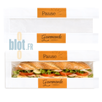 Sac sandwich Pause Gourmande avec fenêtre PP présenté vide puis garni d’un sandwich baguette