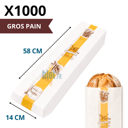Sac à pain kraft blanc Tradition 14 + 7 x 58 cm pour gros pain par carton de 1000