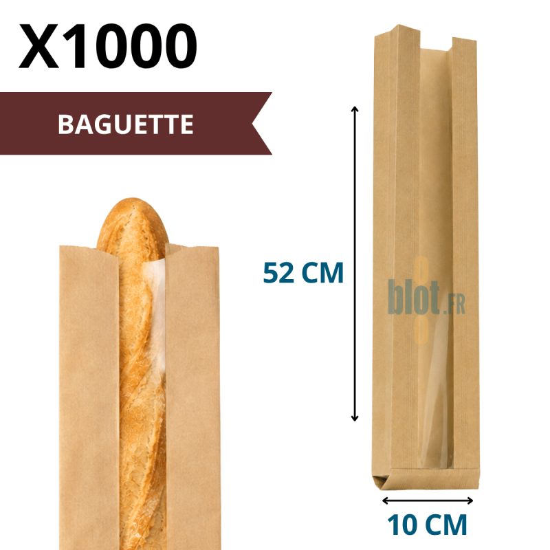 (X1000) – Sac Baguette kraft brun - Fenêtre PP – (10 + 3,5 X 52 CM)