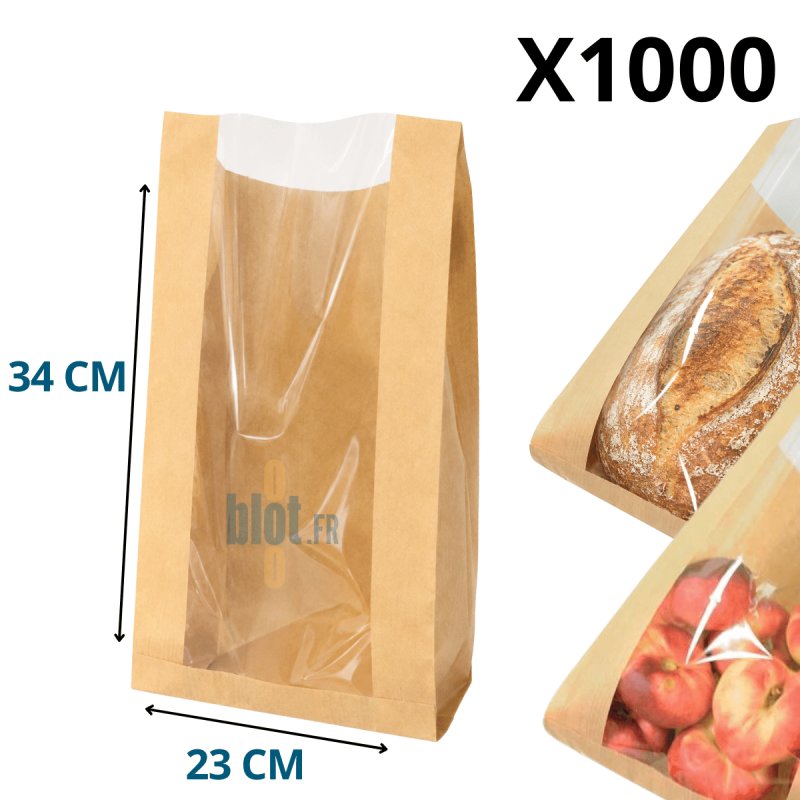 (X1000) – Sac Gros Pain ou Fruit kraft brun - Fenêtre PP – (23 + 5 X 34 CM)