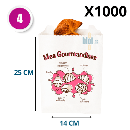 Sac croissant Mes Gourmandises kraft blanchi 14 + 7 x 25 cm par carton de 1000
