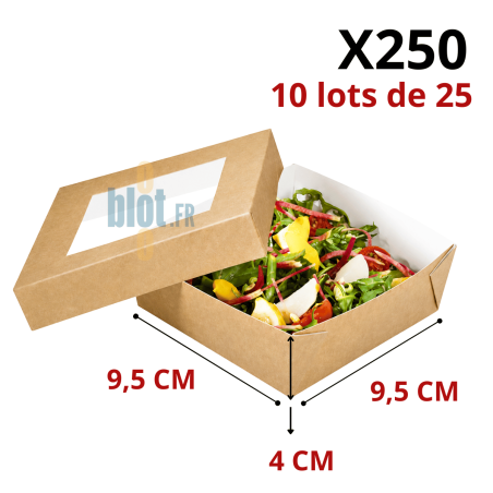 Dimensions de la boîte salade kraft BSK10 : 9,5 × 9,5 × 4 cm, vendue par 250