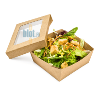 Lunch box salade kraft avec couvercle fenêtre contenant une salade et des croûtons