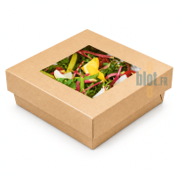 Boîte salade kraft fermée avec fenêtre transparente laissant voir la préparation