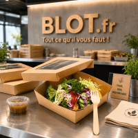 Boîte salade kraft de 12 × 12 × 5 cm utilisée sur un comptoir de restauration professionnelle