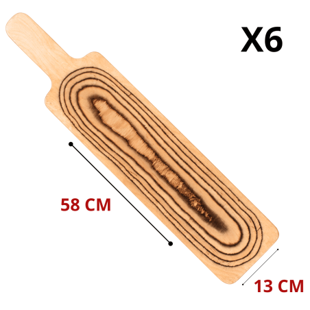 Lot de 6 planches de service avec manche De La Roca en bois de bouleau, format 58 x 13 cm