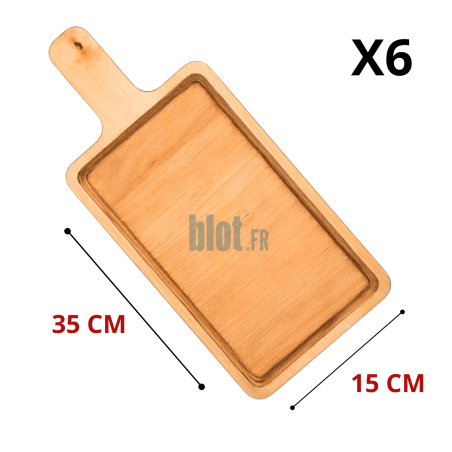 Lot de 6 plateaux rectangulaires avec poignée De La Roca en bois de bouleau, format 35 x 15 cm