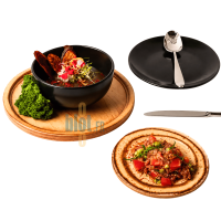Exemples de présentations culinaires sur des planches rondes De La Roca pour restaurant