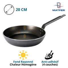 Poêle aluminium antiadhésive professionnelle Matfer Chef Ø 20 cm avec fond rayonné et revêtement quatre couches