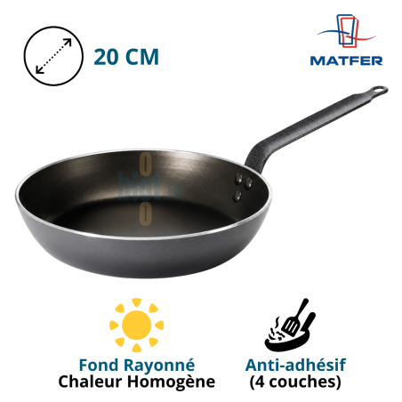 Poêle aluminium antiadhésive professionnelle Matfer Chef Ø 20 cm avec fond rayonné et revêtement quatre couches