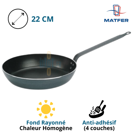 Poêle aluminium antiadhésive professionnelle Matfer Chef Ø 22 cm avec fond rayonné et revêtement quatre couches