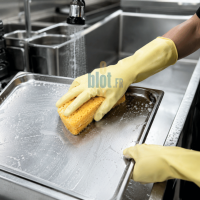 Nettoyage d’un bac inox en cuisine professionnelle avec une éponge Spontex Azella 40