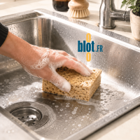 Nettoyage intensif d’un évier inox avec une éponge Spontex Azella 75