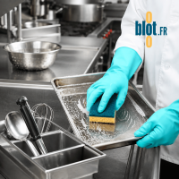 Éponge récurante Sponrex 74 utilisée sur une plaque en cuisine professionnelle